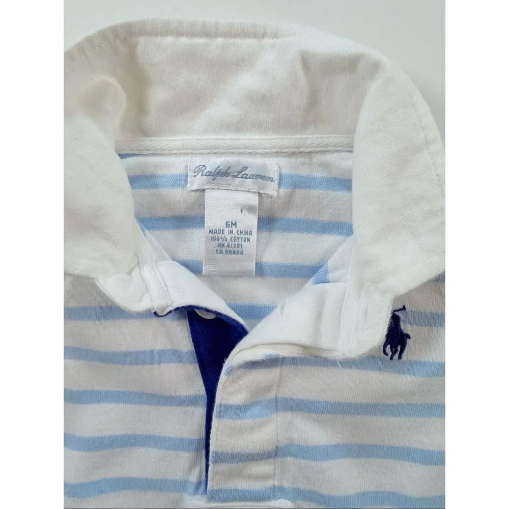 Ralph Lauren Baby Size 6M Blue White Stripe Polo Romper 1 Piece Embroidered Pony